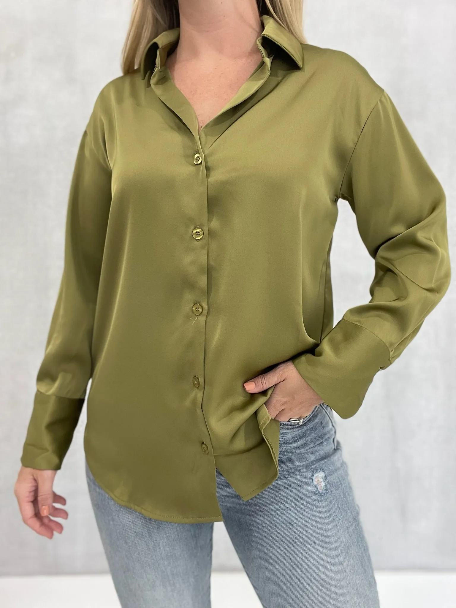 Satin Button Down Blouse - Olive