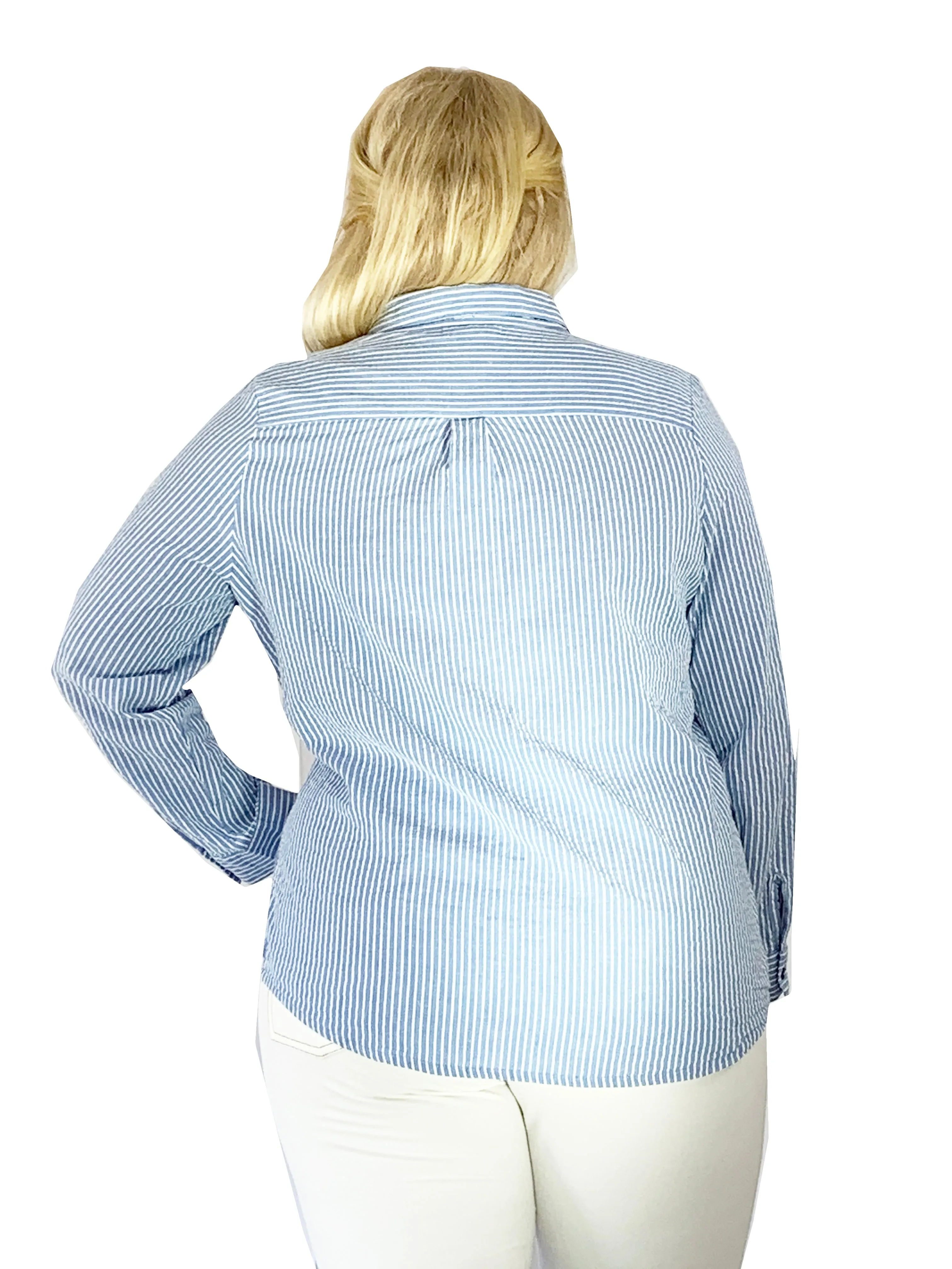 Seersucker Embroidered Button Front Shirt - Plus Size