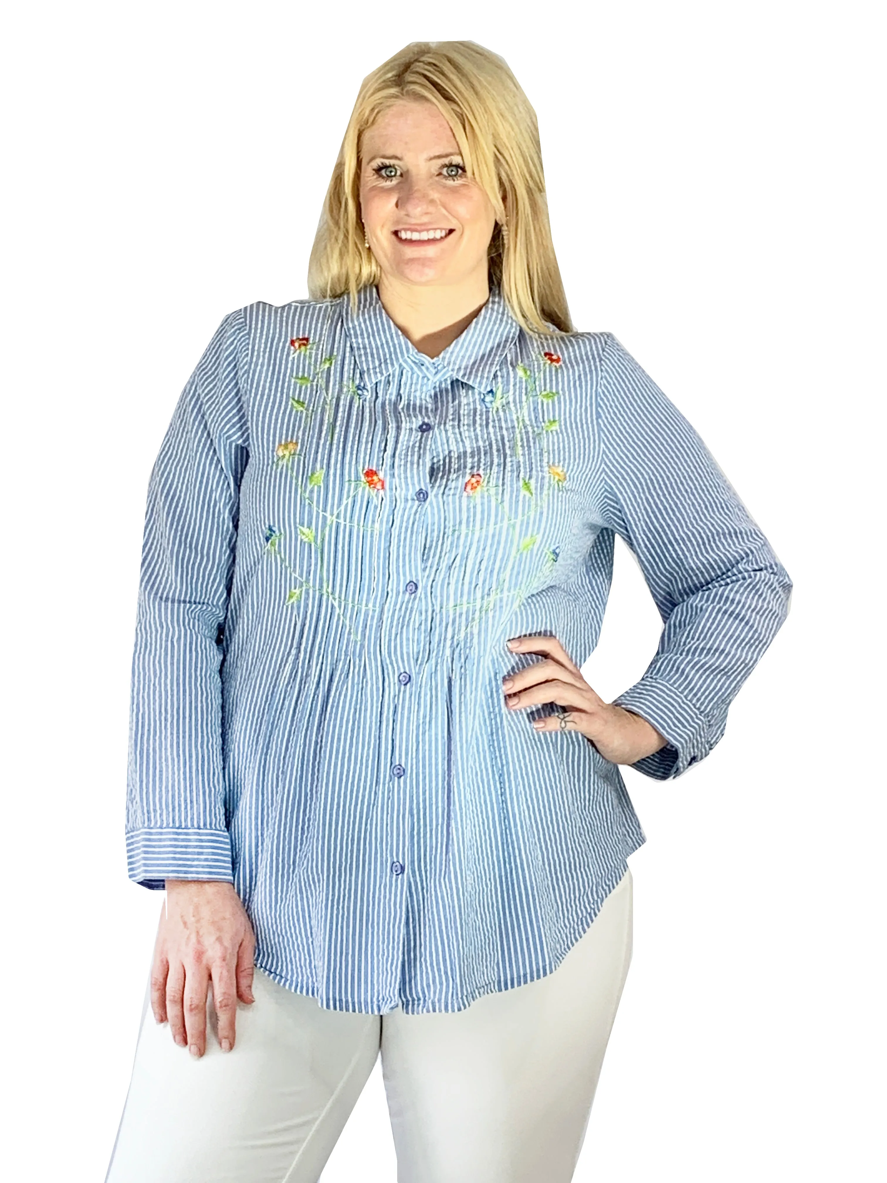 Seersucker Embroidered Button Front Shirt - Plus Size