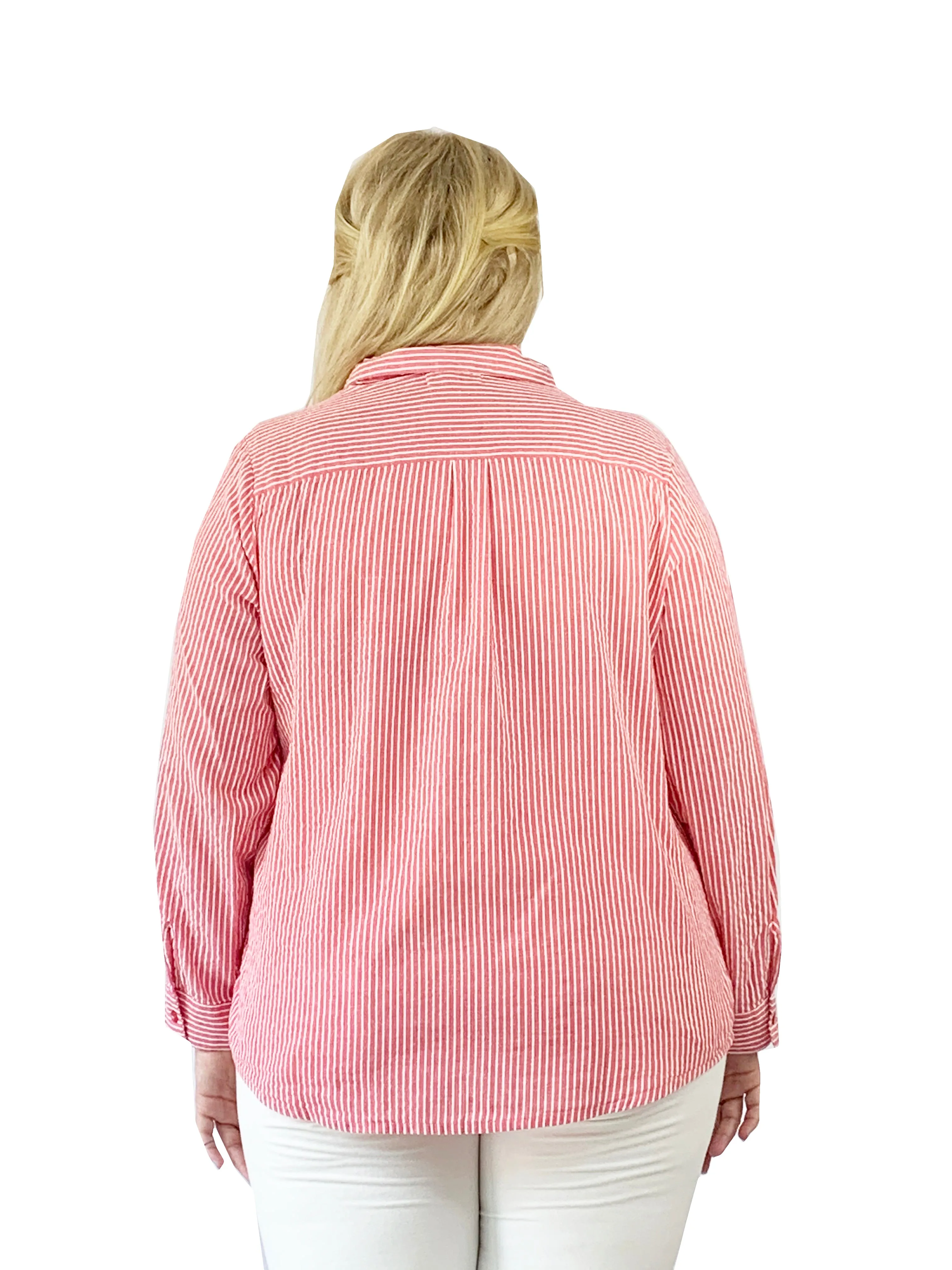Seersucker Embroidered Button Front Shirt - Plus Size