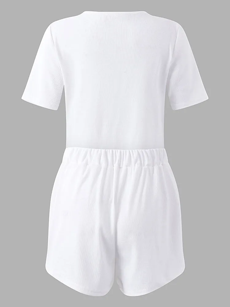Sexy Women Deep V-Necklace-Up T-shirt Elastic Waist Shorts Set