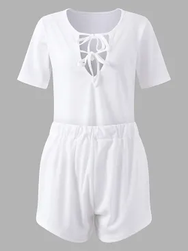 Sexy Women Deep V-Necklace-Up T-shirt Elastic Waist Shorts Set