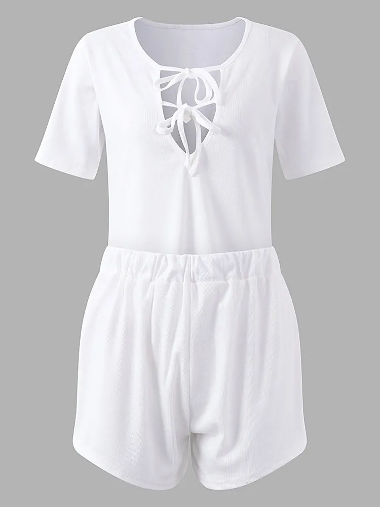 Sexy Women Deep V-Necklace-Up T-shirt Elastic Waist Shorts Set