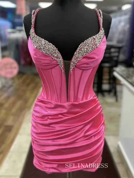 Sheath/Column Spaghetti Straps Hot Pink Short Prom Dress Homecoming Dresses #TKL2327