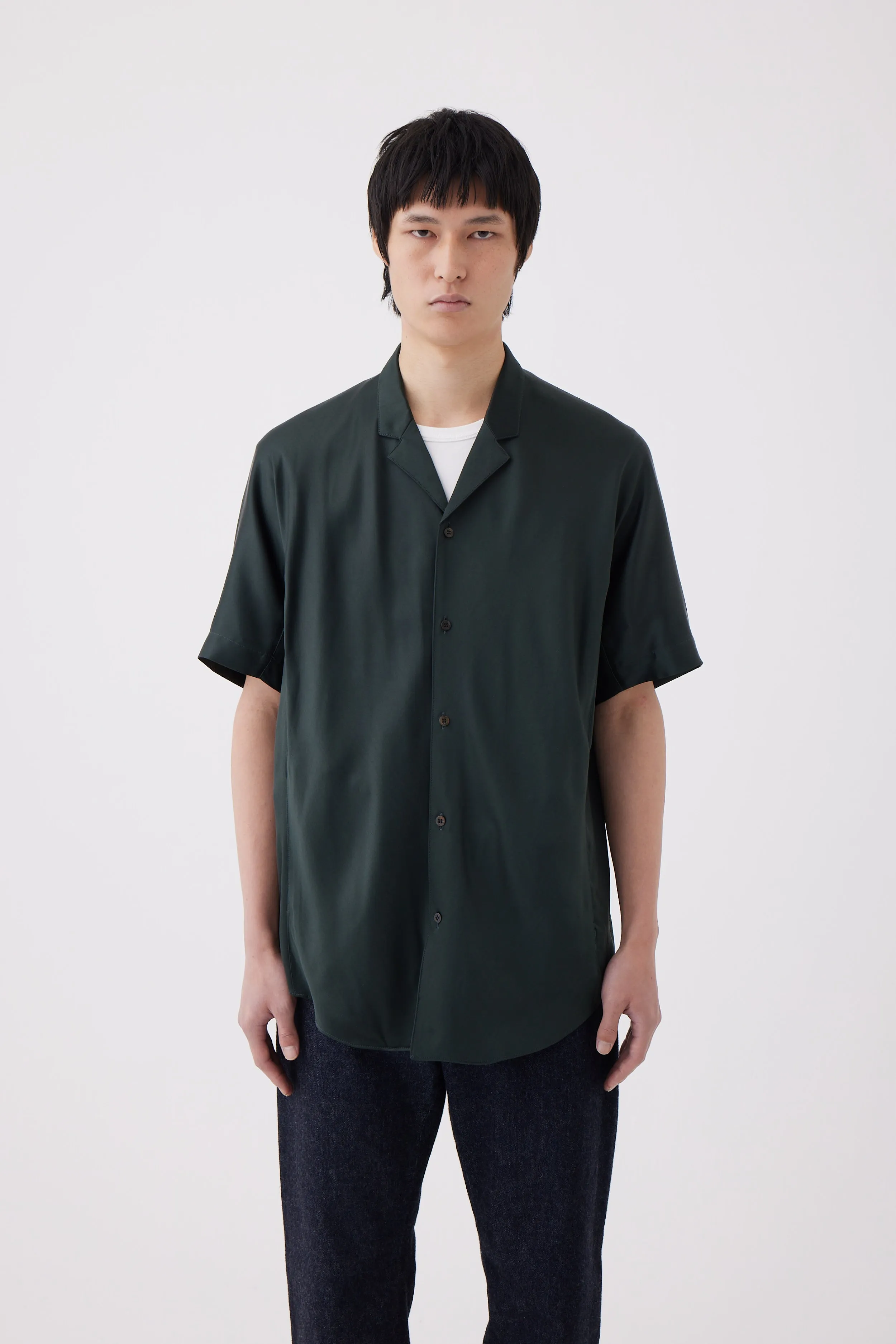Silk Short Sleeve Overshirt in Forest Green