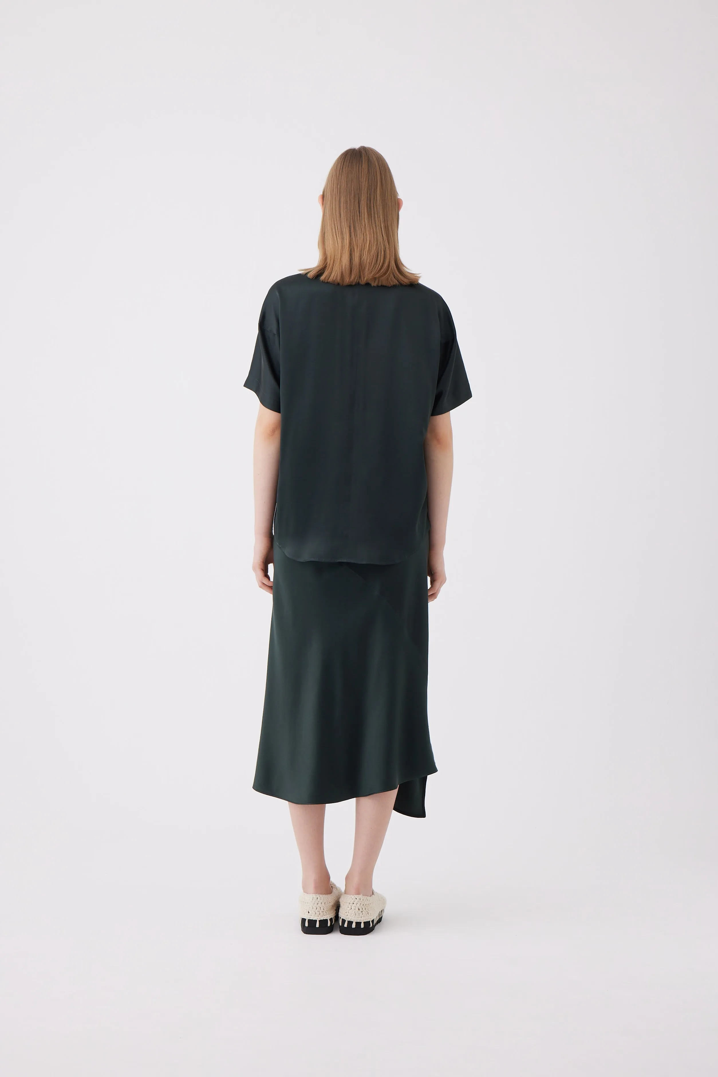 Silk Short Sleeve Overshirt in Forest Green