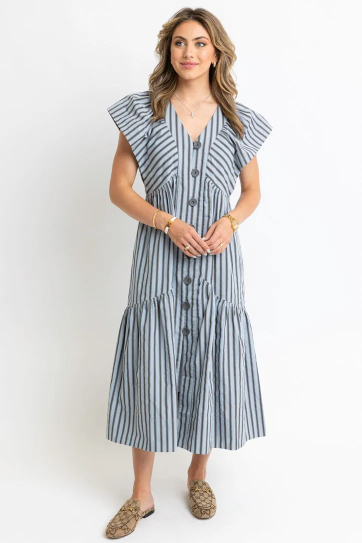 Stripe Vneck Button Maxi Dress