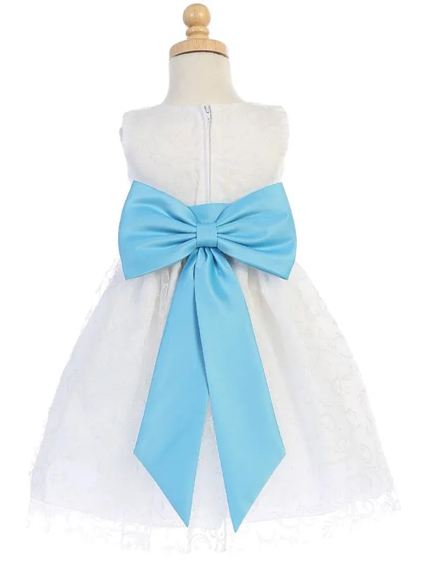 White Glitter Tulle Flower Girl Dress w/ Choice Satin Sash & Bow (7-77)