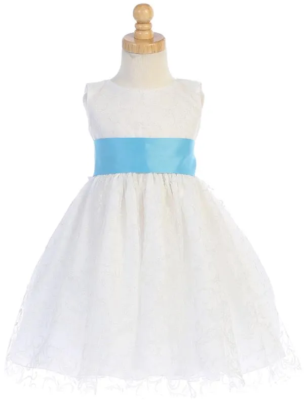 White Glitter Tulle Flower Girl Dress w/ Choice Satin Sash & Bow (7-77)