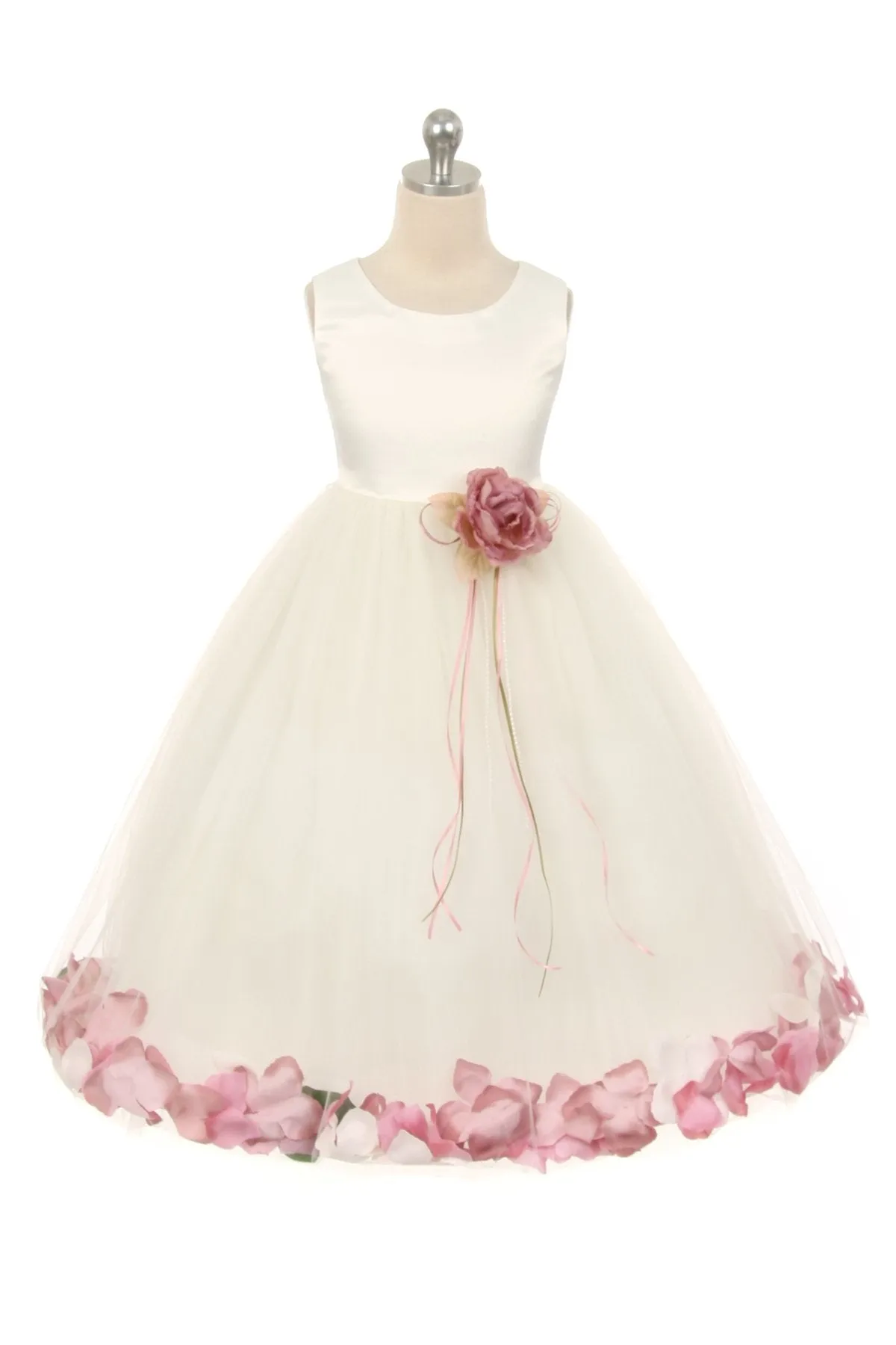 White Satin Flower Petal Plus Size Girls Dress