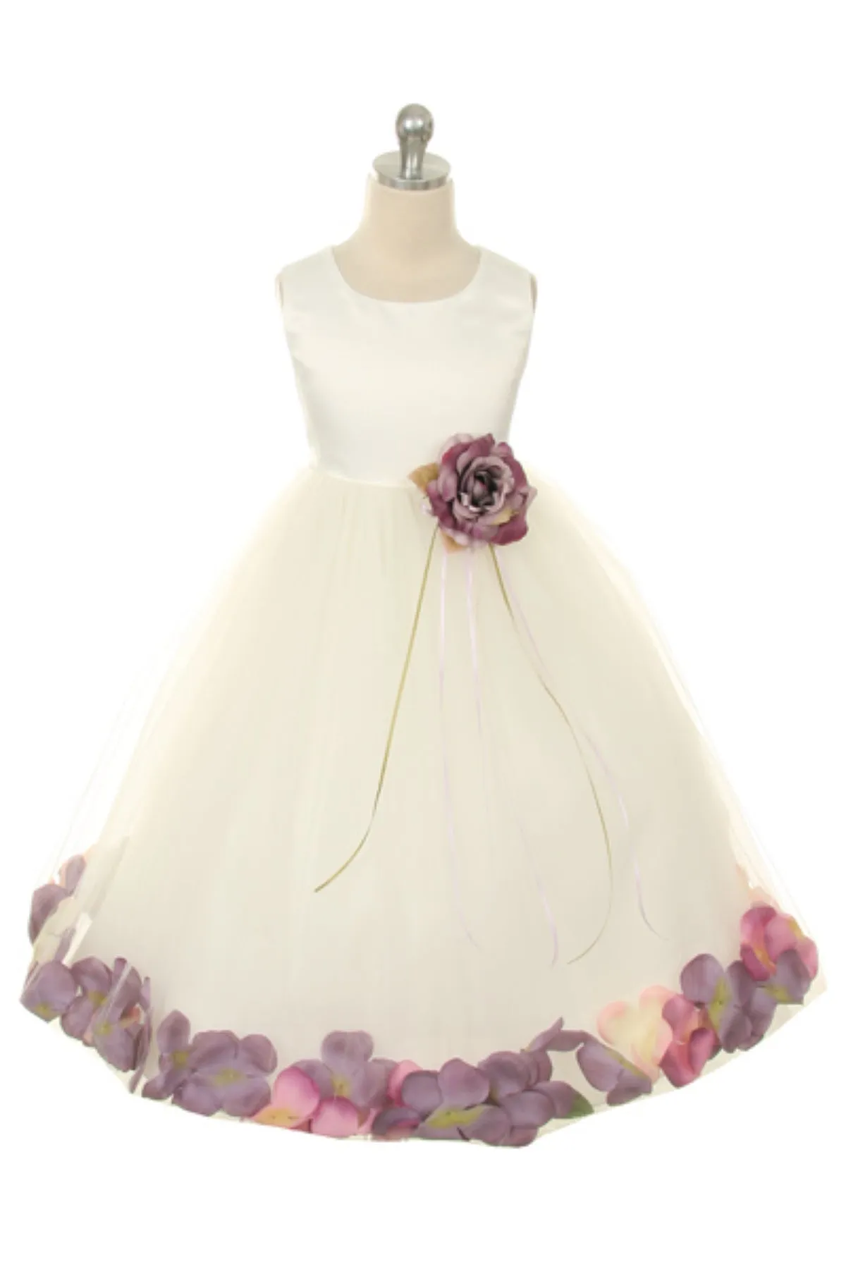 White Satin Flower Petal Plus Size Girls Dress