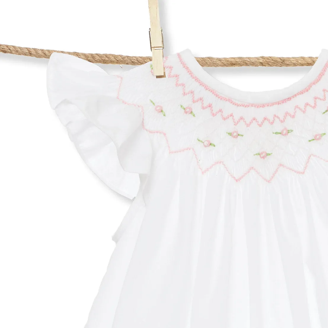 White Smocked Rosette flutter sleeve Dress