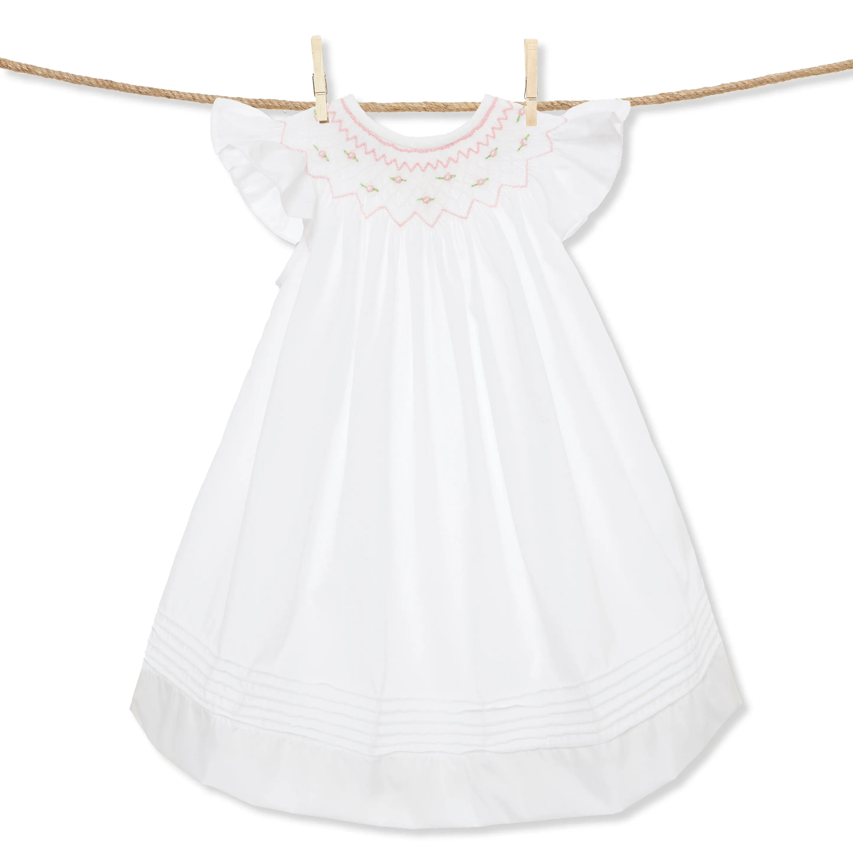 White Smocked Rosette flutter sleeve Dress