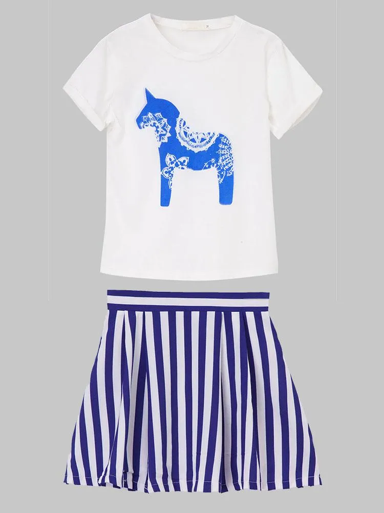 Women Slim Printed Short Sleeve T-Shirt Stripe Skirt Two Pieces Set