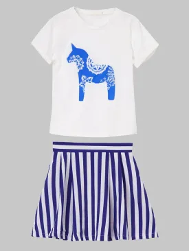 Women Slim Printed Short Sleeve T-Shirt Stripe Skirt Two Pieces Set