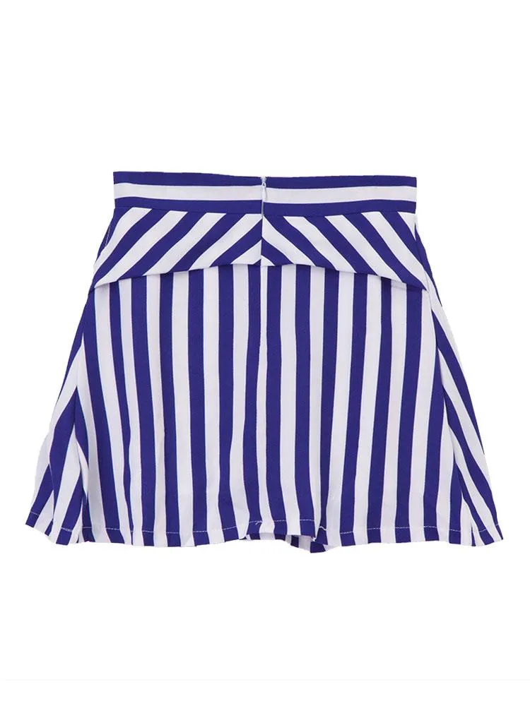 Women Slim Printed Short Sleeve T-Shirt Stripe Skirt Two Pieces Set