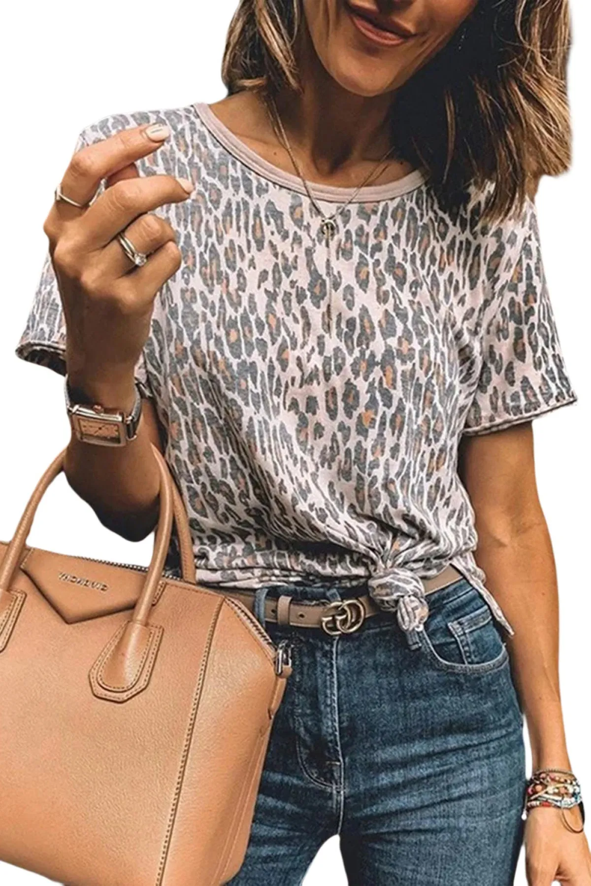Womens T-Shirt Round Neck Short Sleeves Leopard Animal Print on Khaki